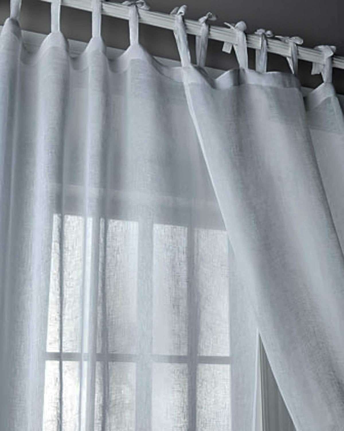 Plantation White sheer 100% linen drapes with tie tops (Pair)