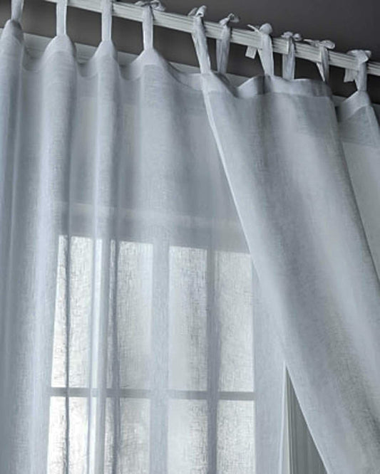 Plantation White sheer 100% linen drapes with tie tops (Pair)